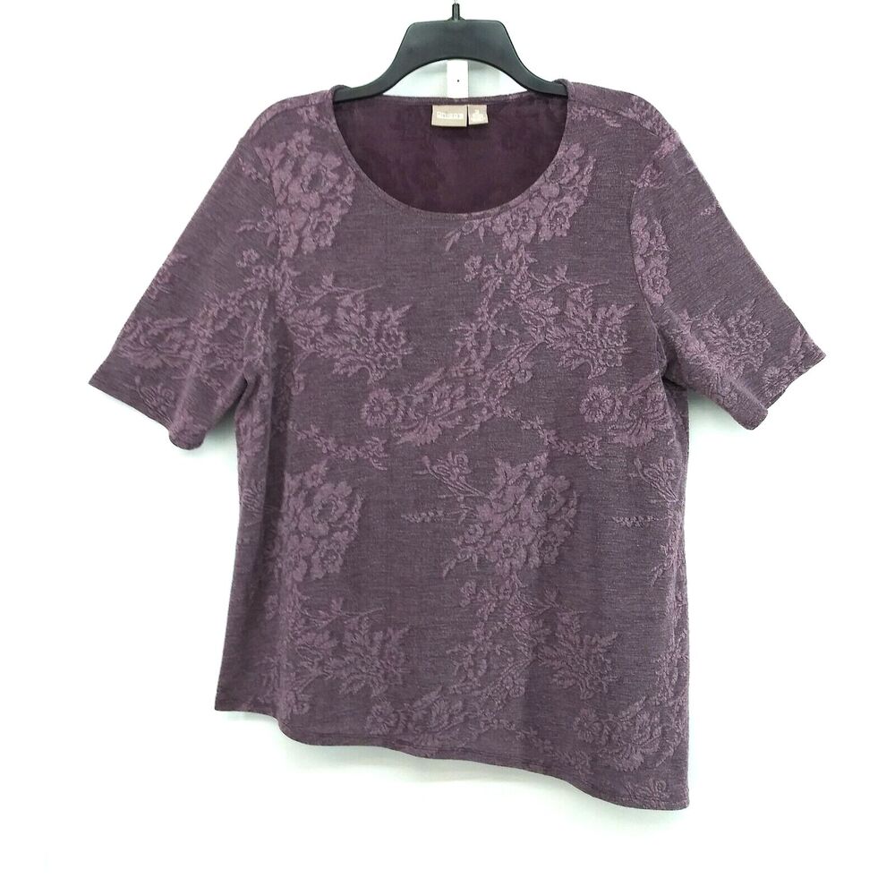 Chicos Shirt Womens Size 2 Purple Floral Asymmetrical Hem Line Short Sleeve Top